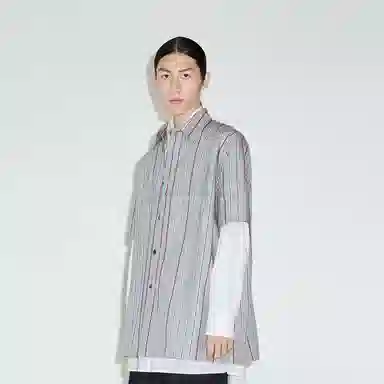 速写 工装条纹中长款翻领短袖衬衫 男女同款