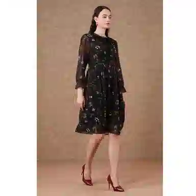 乔万尼 法式淑女收腰长袖连衣裙 女款 线描繁花图案