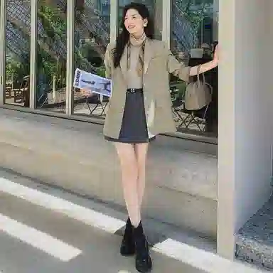美洋 蝴蝶结 麻感花纱后开叉绑带通勤休闲西装 女