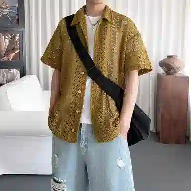 金盾 镂空棕绿翻领纯色短袖衬衫 男款