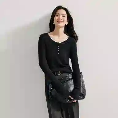 茵曼 假两件撞色拼接圆领修身长袖针织衫 女款