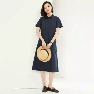 佐丹奴 收腰梭织衬衫式时尚短袖连衣裙 女款