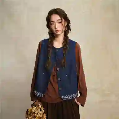 佐丹奴 撞色绣花下摆圆领牛仔外套马甲 女款