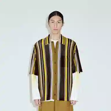 速写 条纹短款单排扣翻领短袖针织衫 男款