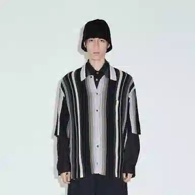 速写 条纹短款单排扣翻领短袖针织衫 男款