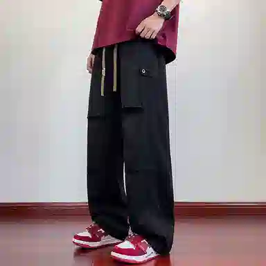 童先森 复古水洗褶皱宽松中腰长裤牛仔裤 男款