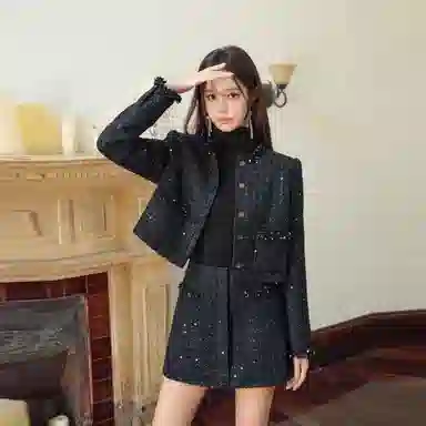 Three Quarters Turtleneck Rhinestone Sweater Black