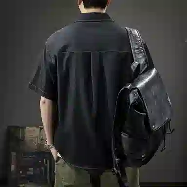 前进牛 美式经典复古潮牌辑明线简约休闲宽松牛仔休闲衬衣夏季短袖衬衫 男女同款