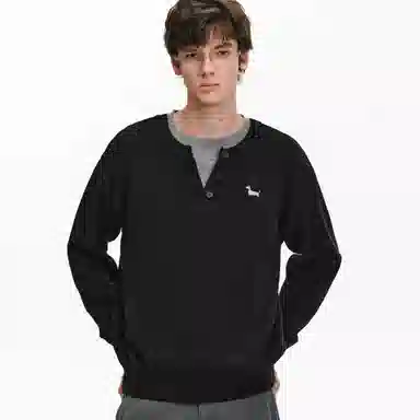 PCLP Two-in-One Henley Collar Embroidered Dog Knit Sweater