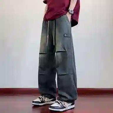 童先森 复古水洗褶皱宽松中腰长裤牛仔裤 男款