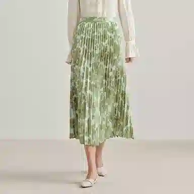 茵曼 中长款中腰百褶休闲长裙 女款 绿色