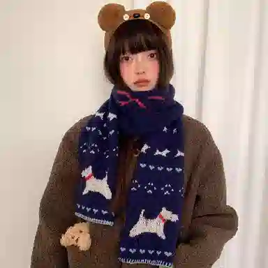 恩僾德 日系可爱小狗保暖百搭高颜值小众 聚酯纤维 绒线围巾 男女同款情侣款