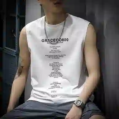 前进牛 夏季 重磅潮流字母印花高端水洗做旧户外运动宽松无袖背心 男女同款