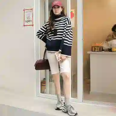 美洋 文艺复古条纹高领宽松毛衣 女款