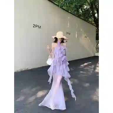 水中花 荷叶边网纱挂脖纯色长款无袖连衣裙 女款