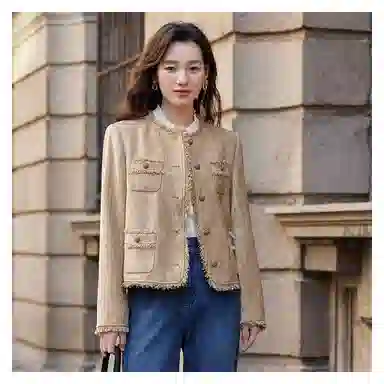 茵曼 优雅小香风短款外套毛边圆领长袖截短外套 女款