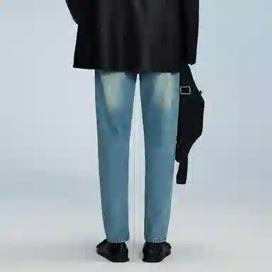 速写 棉质直筒水洗纯色中腰九分牛仔裤 男款 牛仔藏青