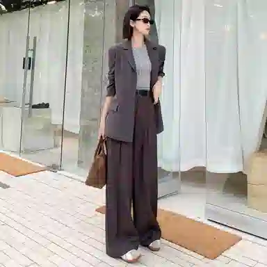 美洋 蝴蝶结 麻感花纱后开叉绑带通勤休闲西装 女