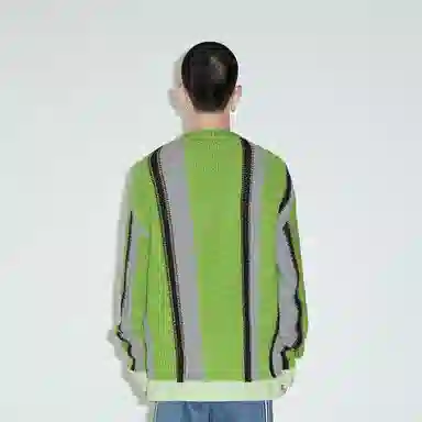 速写 撞色拼接条纹长袖套头毛衣 男女同款 灰红绿蓝条