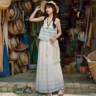 森女部落 原创拼接蕾丝渐变吊带外穿度假风波西米亚风 女款