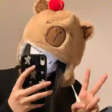 恩僾德 可爱卡皮巴拉帽子小众百搭卡通保暖包头帽显脸小防寒护耳套头 聚酯纤维 绒线帽 男女同款情侣款