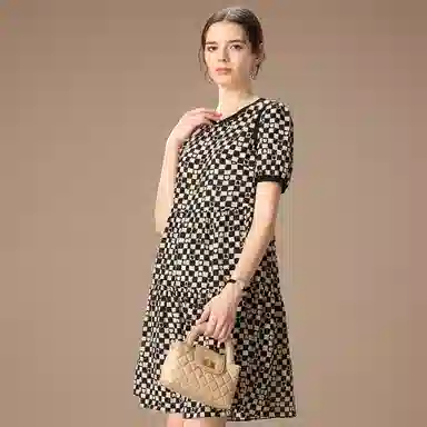 粉红玛琍 春 格子印花短袖连衣裙 宽松 女款 棋盘格