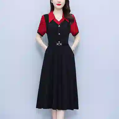 水中花 职场气质中长款收腰显瘦裙子短袖连衣裙 女款