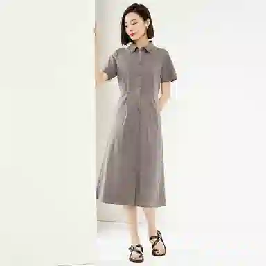 佐丹奴 收腰梭织衬衫式时尚短袖连衣裙 女款