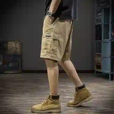 前进牛 美式休闲高街复古潮牌褶皱凉感简约绣标大口纯棉运动休闲中裤宽松直筒大码五分裤工装短裤 男女同款