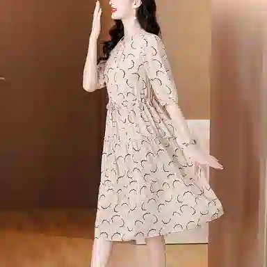 水中花 法式扇形圆领显瘦印花修身轻盈中长款系带短袖连衣裙 女款
