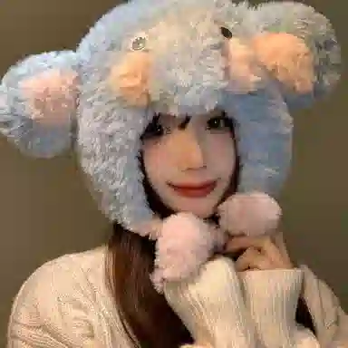 恩僾德 时尚百搭高颜值海盐蓝色小清新卡通针织帽子女生显脸小冬季保暖围巾一体三件套 涤纶 绒线帽 男女同款情侣款