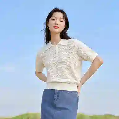 茵曼 合身条纹简约短袖针织衫 女款