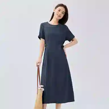 佐丹奴 收腰圆领梭织休闲短袖连衣裙 女款