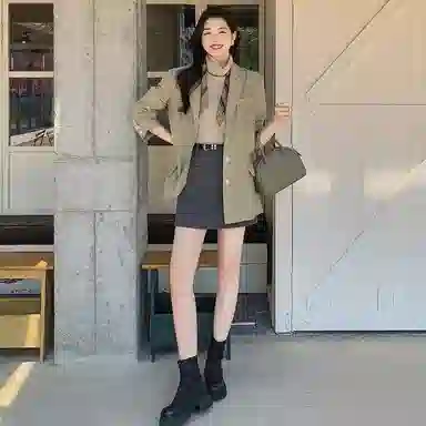 美洋 蝴蝶结 麻感花纱后开叉绑带通勤休闲西装 女