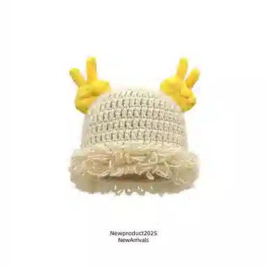 恩僾德 可爱搞怪比耶针织套头帽女秋冬秋冬季高颜值小众百搭出游保暖护耳显脸小时尚针织 聚酯纤维 绒线帽 男女同款情侣款