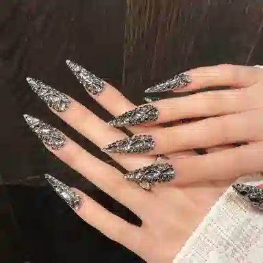 凡泽 枪灰色超闪满钻 暗黑爆款外贸欧美风  穿戴甲 尖型黑色纯色 爆闪