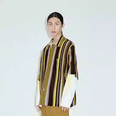 速写 条纹短款单排扣翻领短袖针织衫 男款