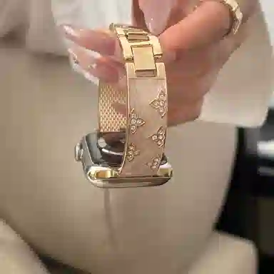 潮流腕 表带 苹果适用 金属材质 镶钻鎏金可调节表带三叶手镯夏日男女通用
