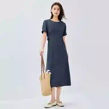 佐丹奴 收腰圆领梭织休闲短袖连衣裙 女款