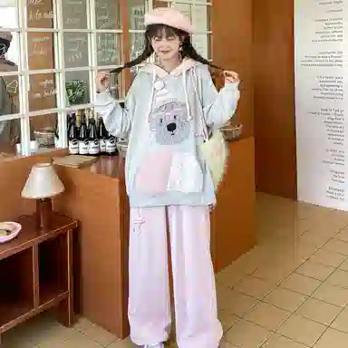 森女部落 潦草小狗闺蜜装连帽萌趣风拼贴套头可爱卫衣 女款