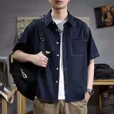 遨宇 夏季 美式休闲复古多口袋缉明线重磅牛仔工装短袖衬男五分袖衬衣休闲外套衬衫 宽松型 男女同款