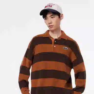 美特斯邦威 国潮条纹翻领针织长袖保暖上衣毛衣 男款