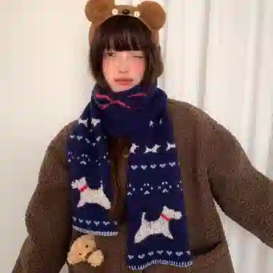 恩僾德 日系可爱小狗保暖百搭高颜值小众 聚酯纤维 绒线围巾 男女同款情侣款