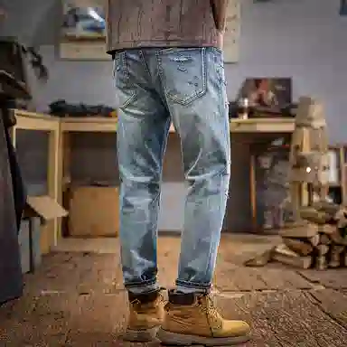 遨宇 美式经典复古潮流潮牌做旧水洗极简风破洞潮牌修身小脚休闲户外百搭长裤牛仔裤 男款