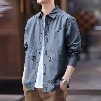 格蓝鹿 春季 街头做旧水洗防嗮基础简约长袖高端美式英伦风复古户外运动跑步休闲工装衬衫 男女同款