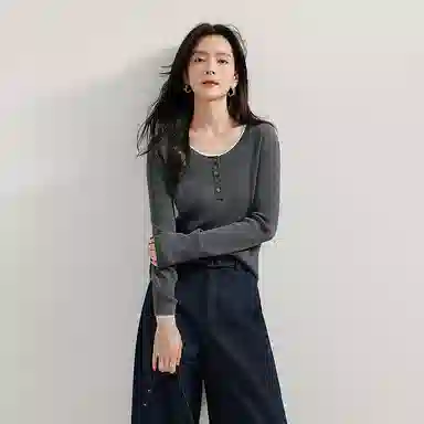 茵曼 假两件撞色拼接圆领修身长袖针织衫 女款