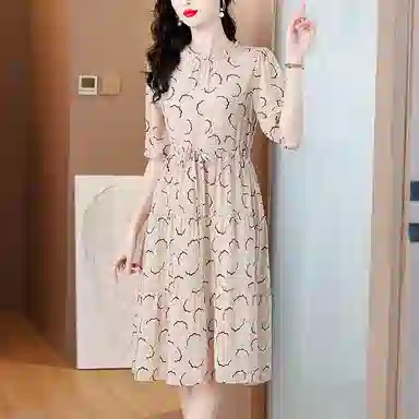 水中花 法式扇形圆领显瘦印花修身轻盈中长款系带短袖连衣裙 女款