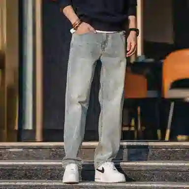格蓝鹿 小众设计感潮牌做旧休闲宽松直筒复古牛仔裤 男女同款 浅蓝