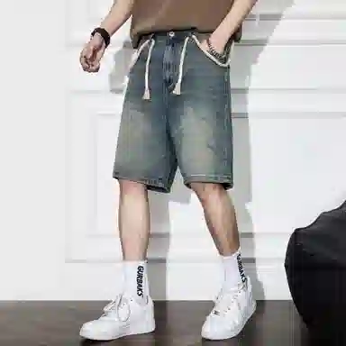 童先森 美式休闲水洗宽松中腰五分裤牛仔短裤 男款