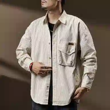 贵色 日系设计感简约复古条纹宽松舒适翻领文艺潮流百搭经典长袖衬衫 男女同款 米白